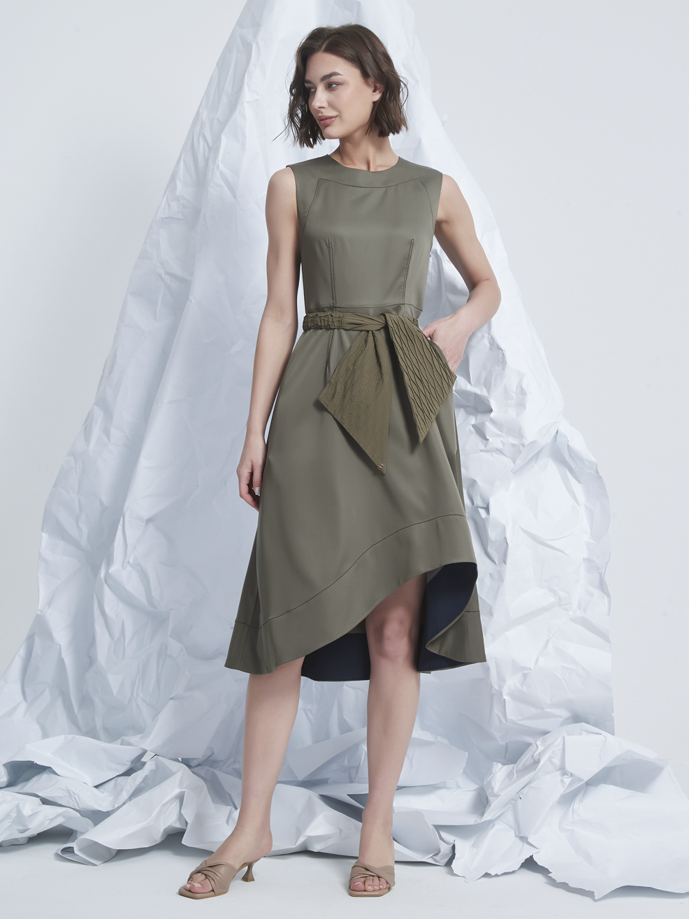FRILLS ASYMMETRIC MIDI DRESS