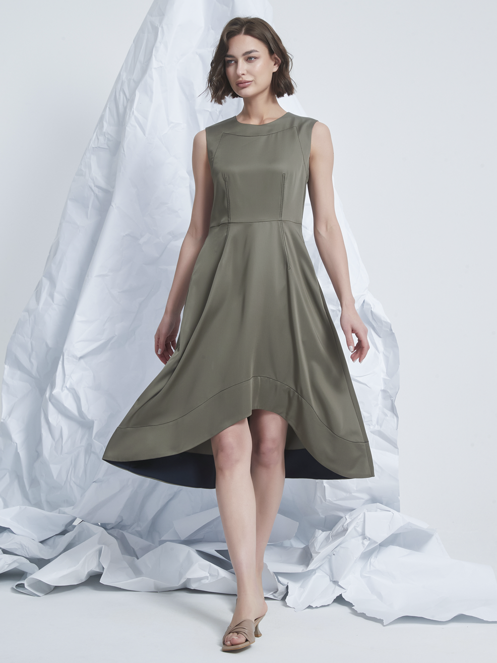 FRILLS ASYMMETRIC MIDI DRESS
