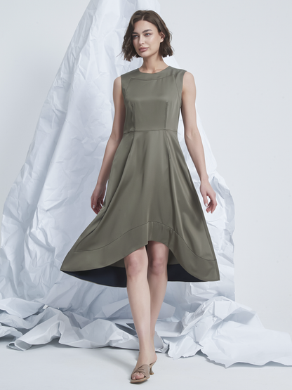 FRILLS ASYMMETRIC MIDI DRESS