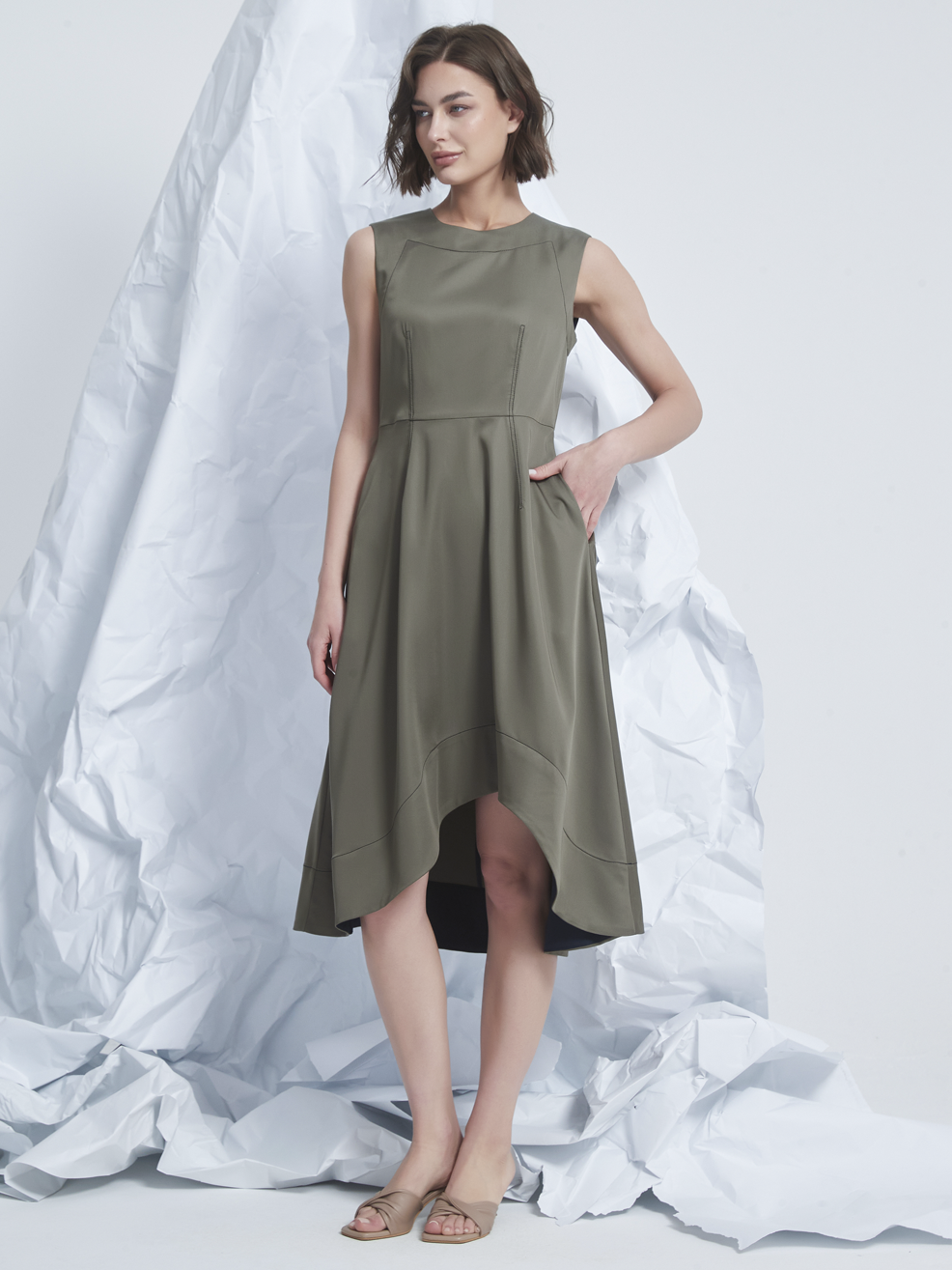 FRILLS ASYMMETRIC MIDI DRESS