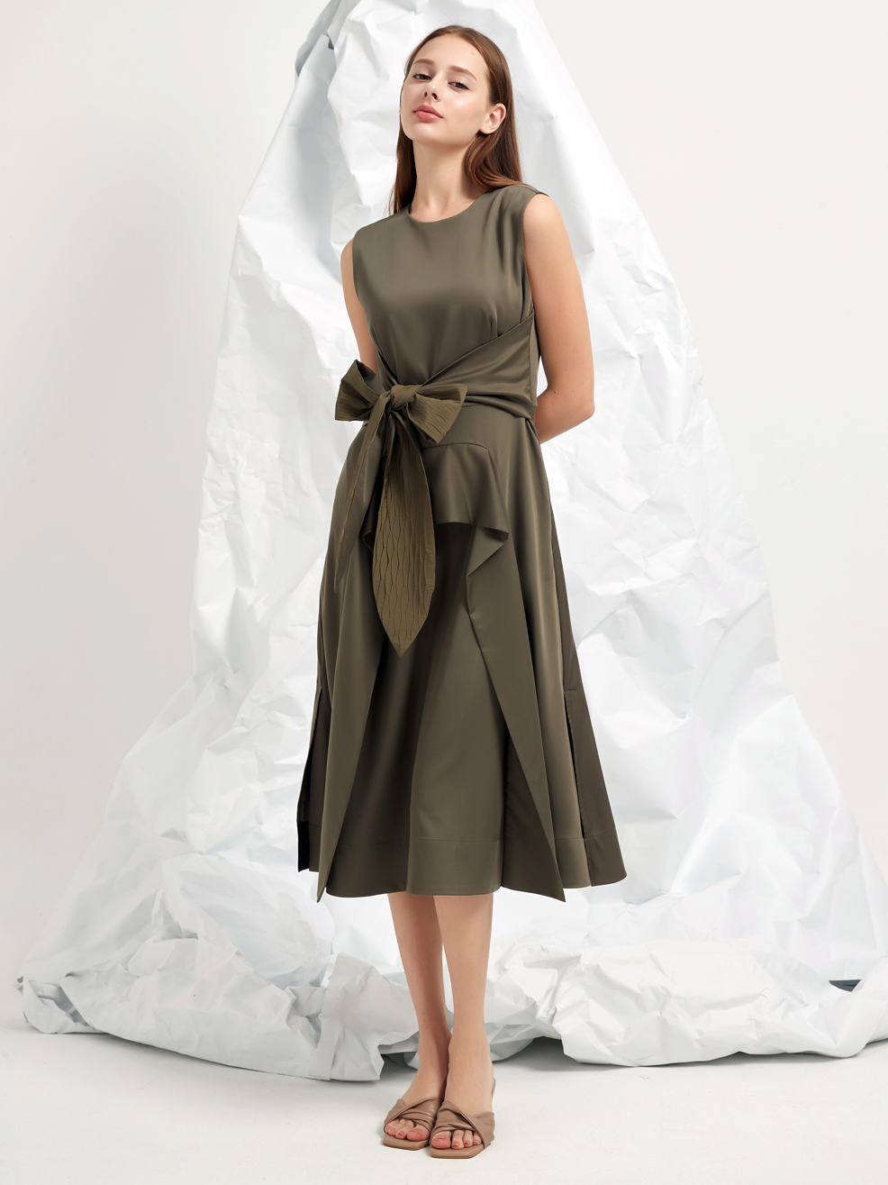 JACQUARD TIE BELT MIDI DRESS