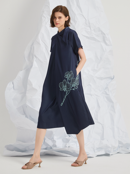 ASYMMETRIC EMBROIDERED MIDI DRESS