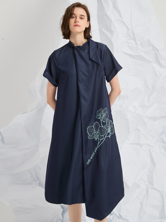 ASYMMETRIC EMBROIDERED MIDI DRESS