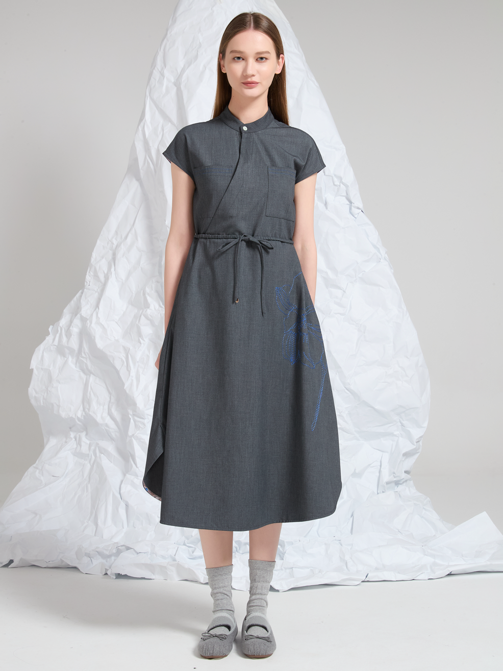 EMBROIDERED WOOL MIDI DRESS