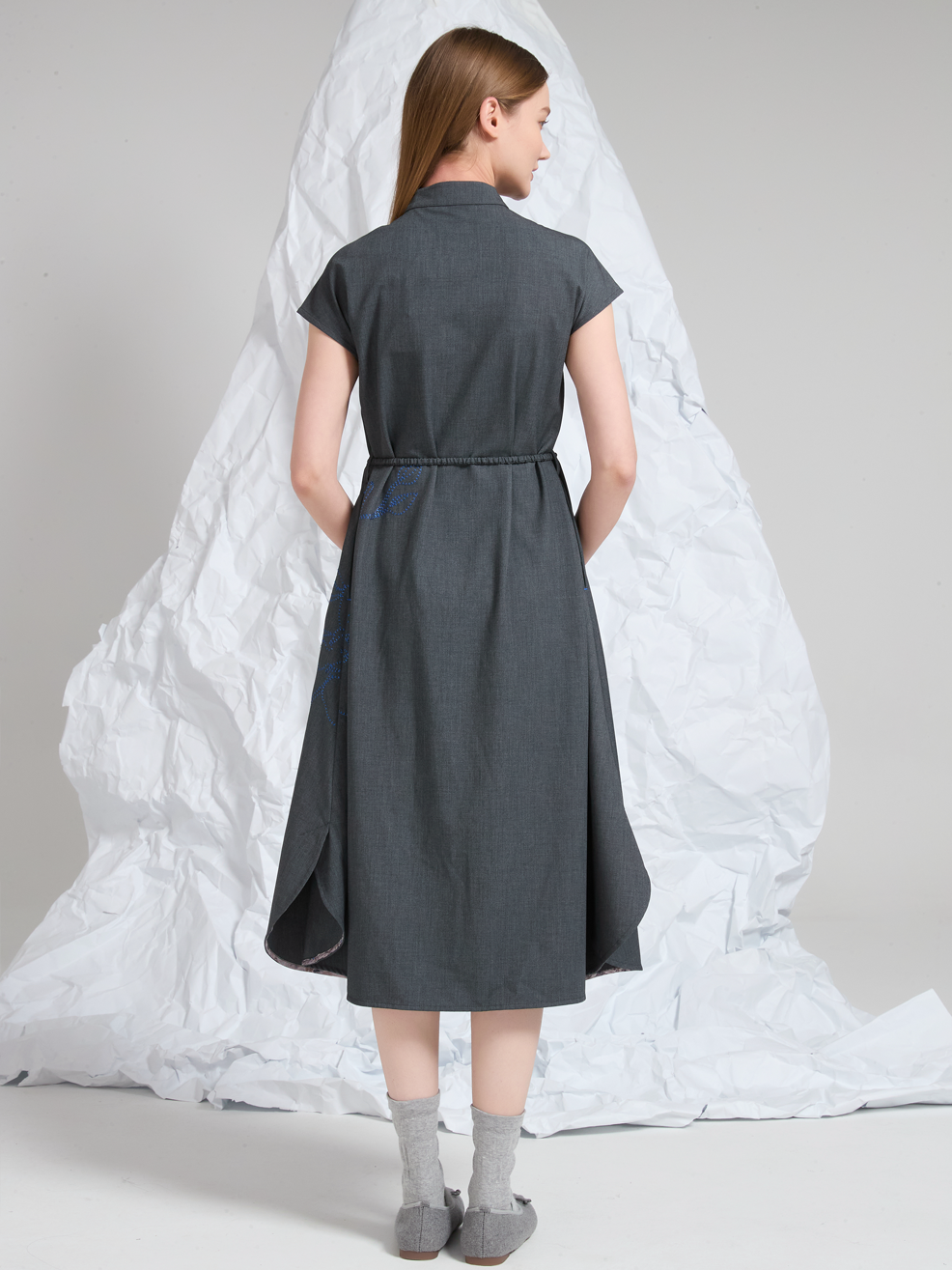 EMBROIDERED WOOL MIDI DRESS