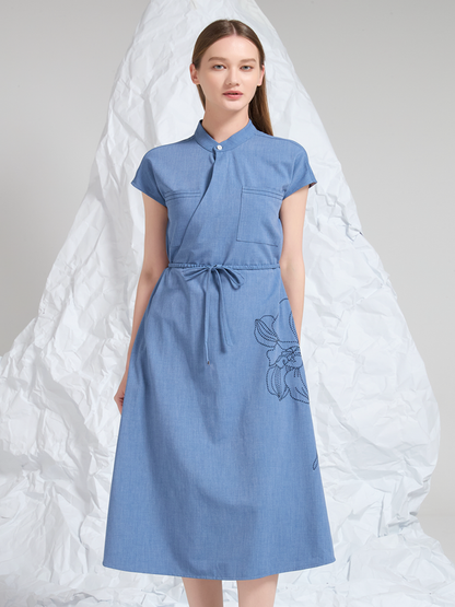 EMBROIDERED WOOL MIDI DRESS