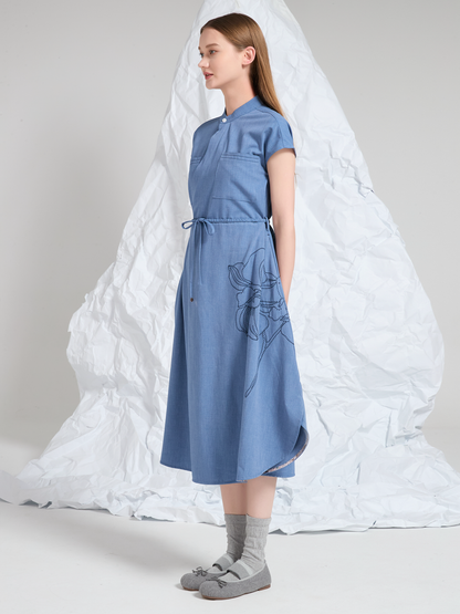 EMBROIDERED WOOL MIDI DRESS