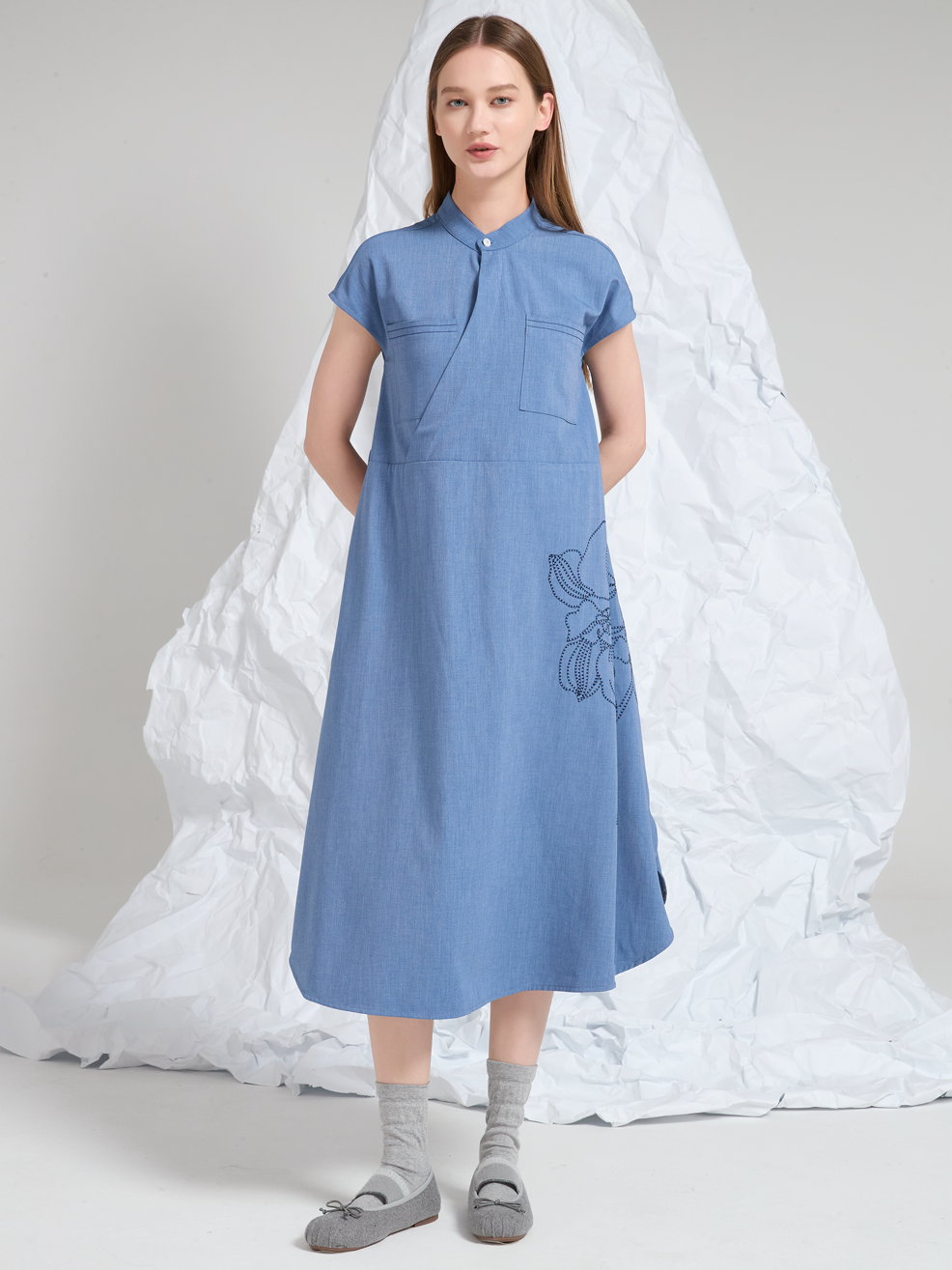 EMBROIDERED WOOL MIDI DRESS