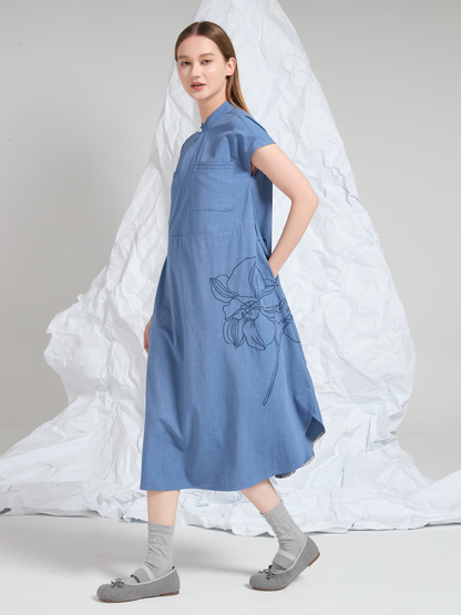 EMBROIDERED WOOL MIDI DRESS