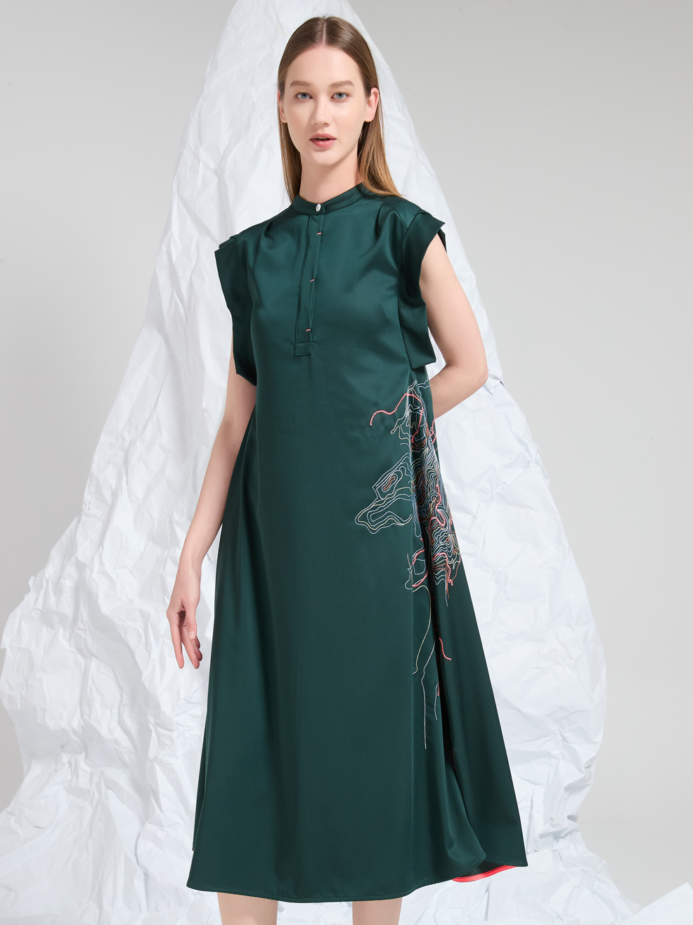 ABSTRACT EMBROIDERED MIDI DRESS