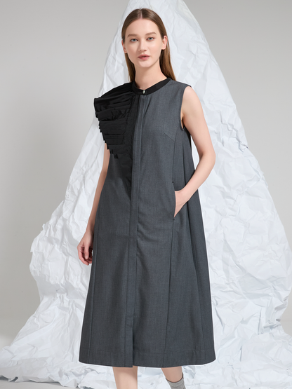PLEATED CONTRAST WOOL MIDI DRESS