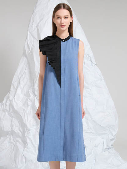 PLEATED CONTRAST WOOL MIDI DRESS