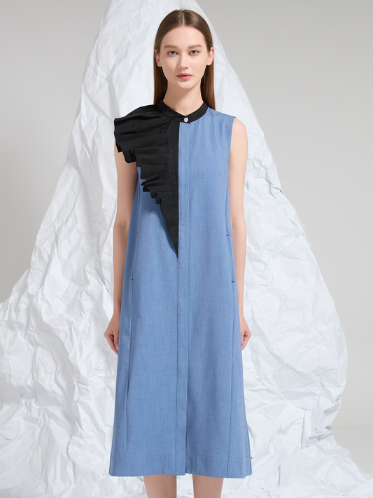 PLEATED CONTRAST WOOL MIDI DRESS