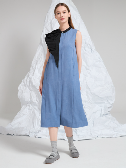 PLEATED CONTRAST WOOL MIDI DRESS