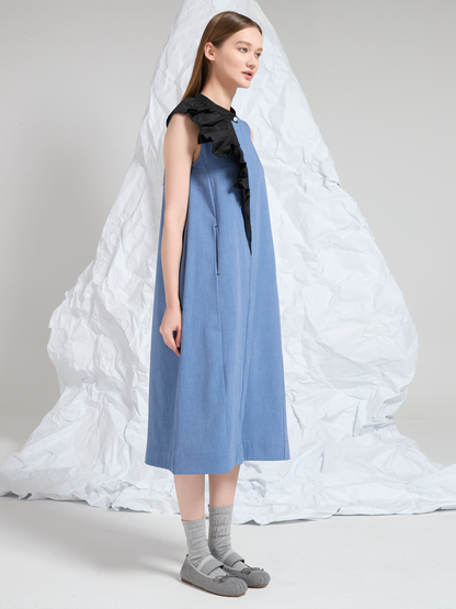 PLEATED CONTRAST WOOL MIDI DRESS