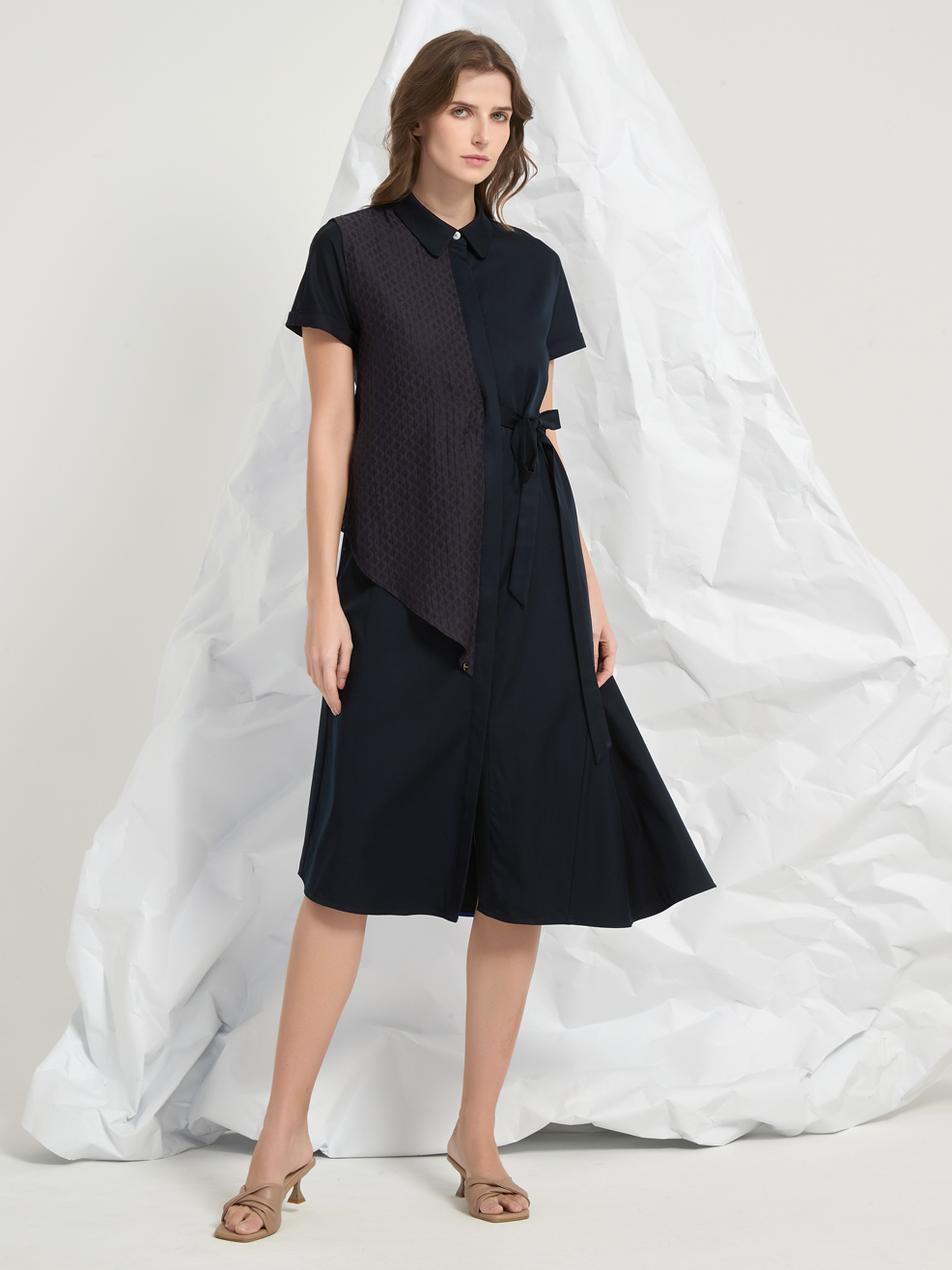 JACQUARD PANEL TIED MIDI DRESS