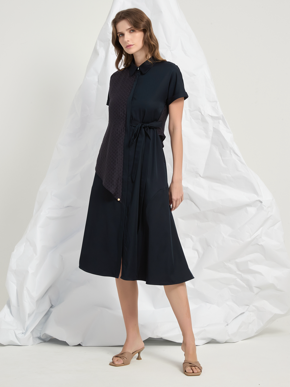 JACQUARD PANEL TIED MIDI DRESS