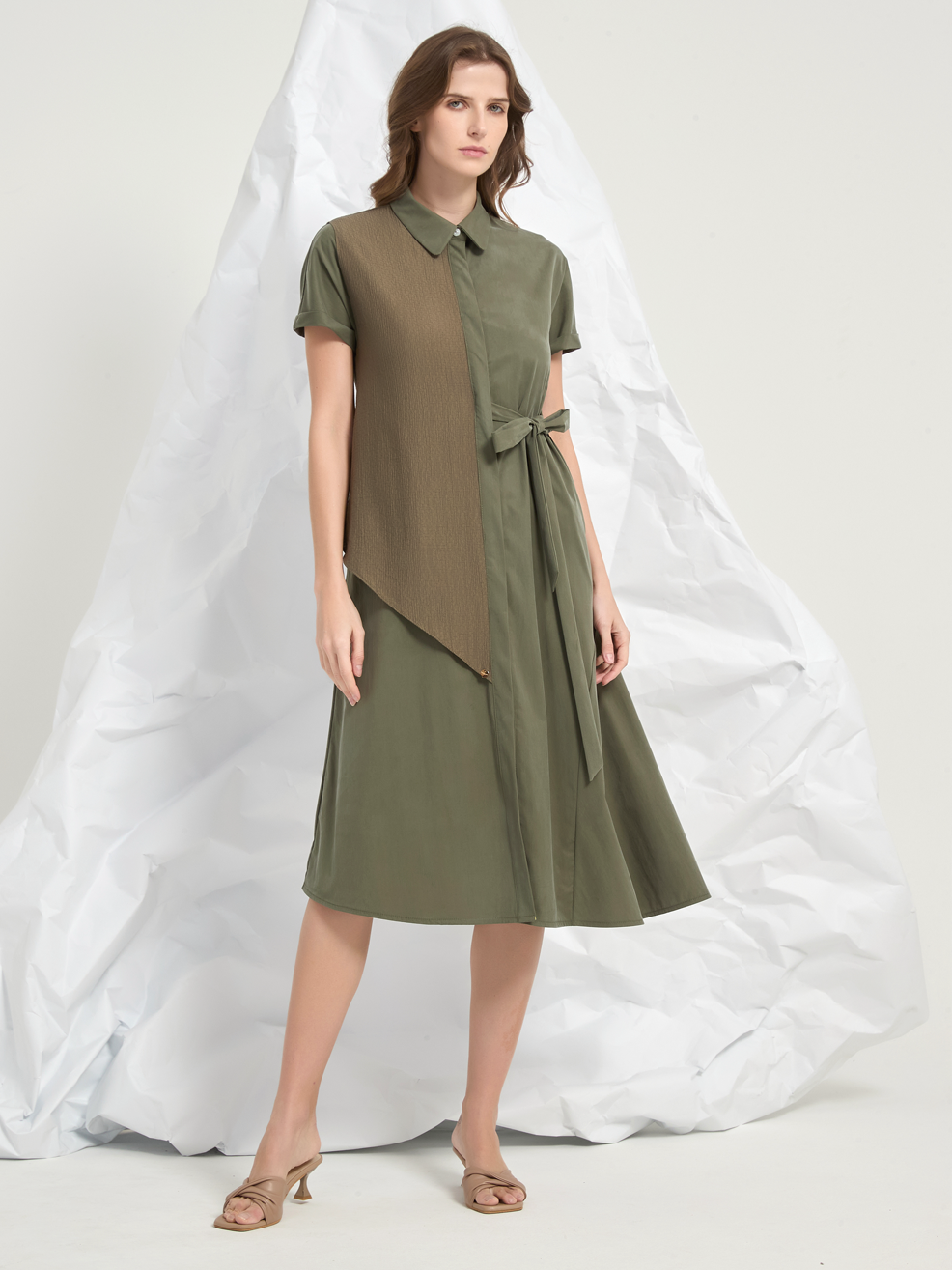 JACQUARD PANEL TIED MIDI DRESS