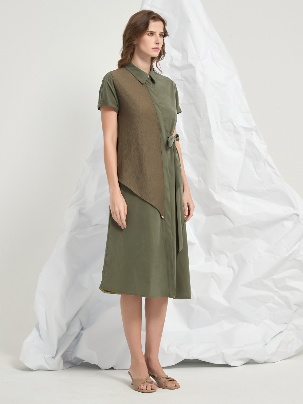 JACQUARD PANEL TIED MIDI DRESS