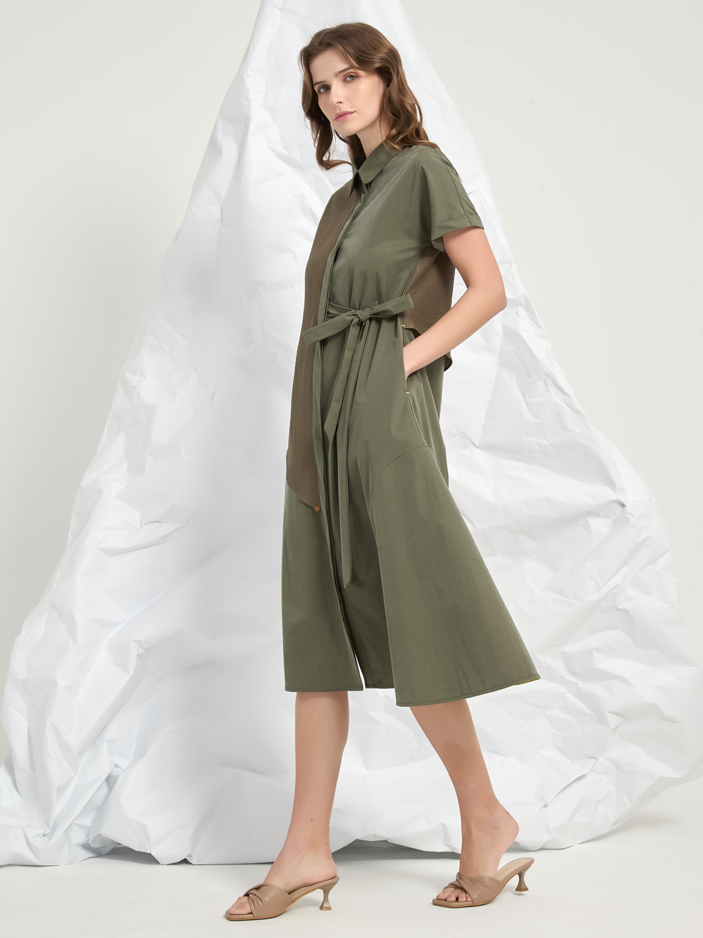 JACQUARD PANEL TIED MIDI DRESS