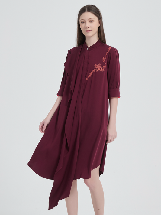 ASYMMETRIC FLARED-HEM EMBROIDERED DRESS