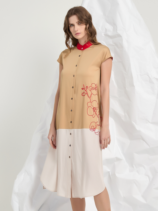 MANDARIN COLLAR EMBROIDERED MIDI DRESS