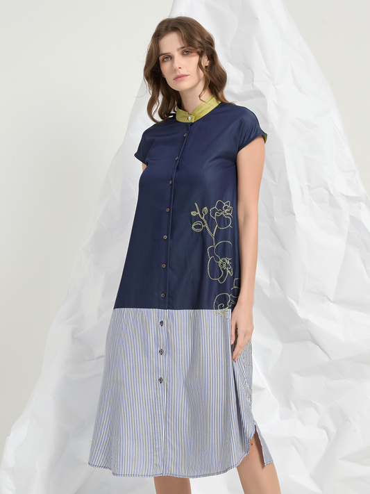 MANDARIN COLLAR EMBROIDERED MIDI DRESS