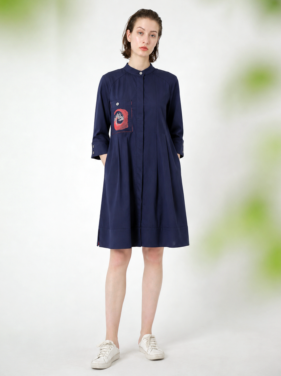 EMBROIDERED POCKETED MINI DRESS