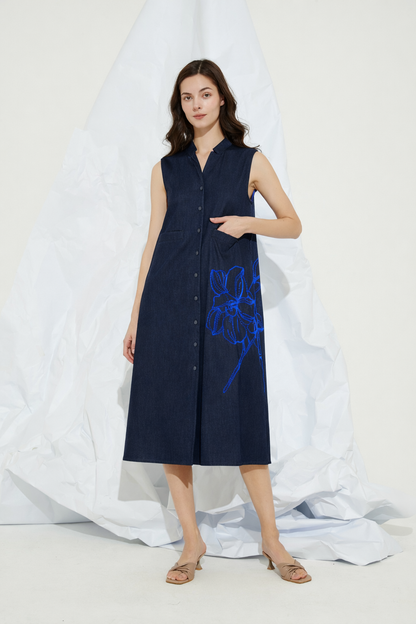 EMBROIDERED V-NECKLINE MIDI DRESS