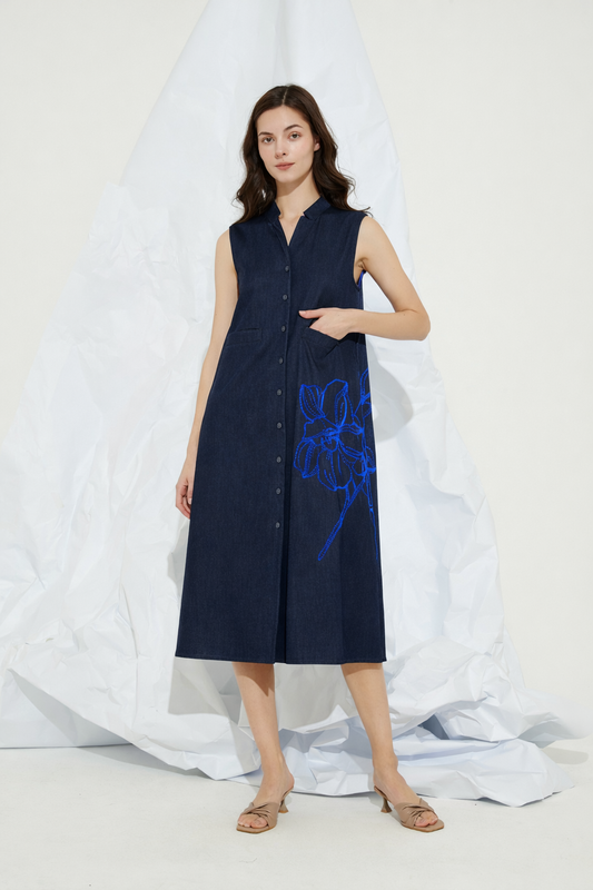 EMBROIDERED V-NECKLINE MIDI DRESS